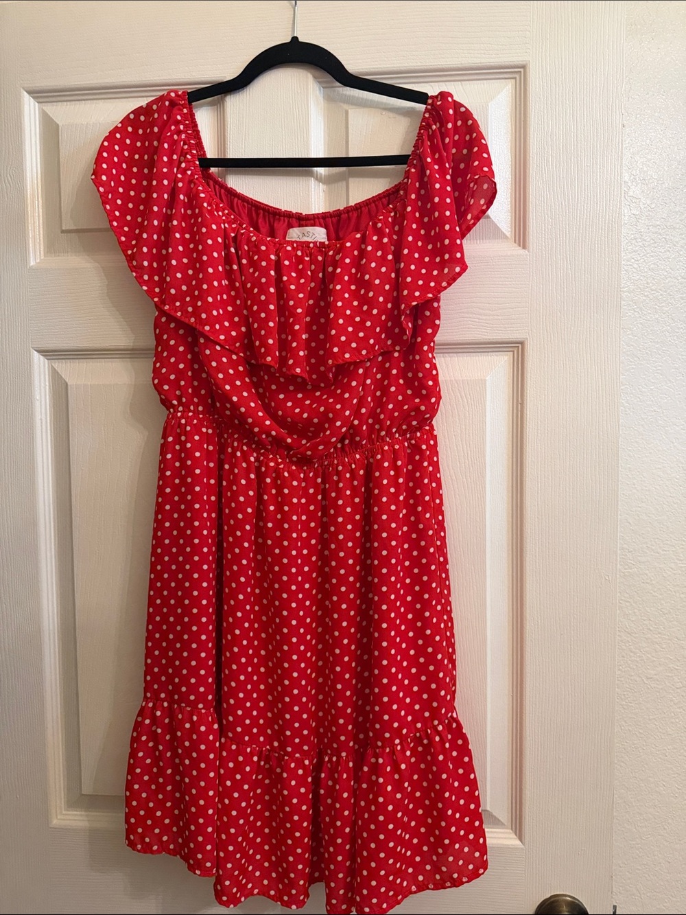 Fantastic Fawn Red Polka off the shoulder dress - m